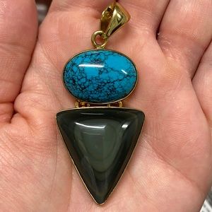 Turquoise and Rainbow Obsidian Pendant set in Alchemia